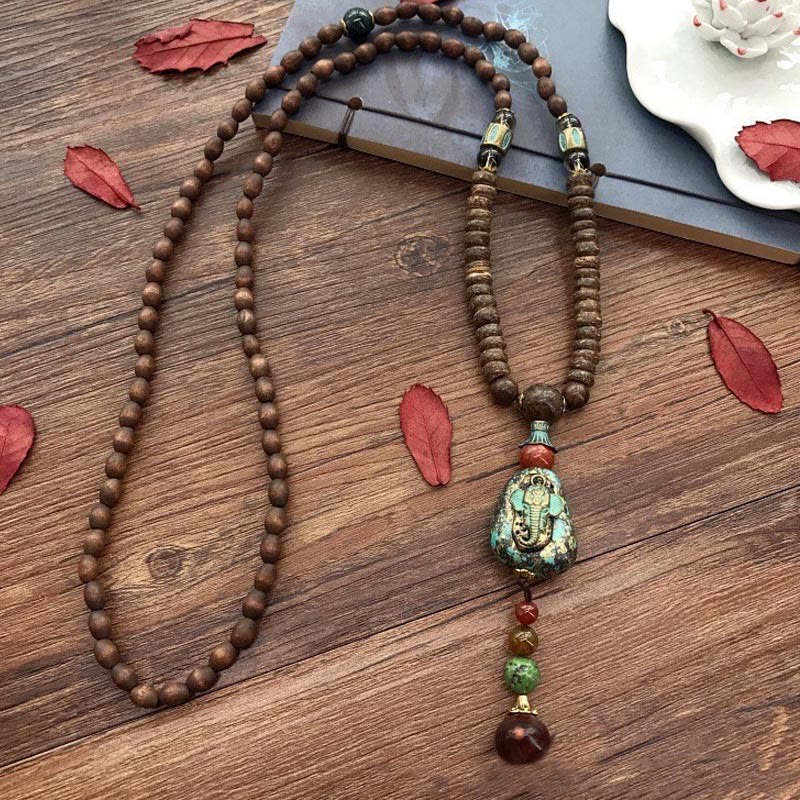 Nimara Ritual Tibetan Handmade Wenge Wood Protection Dzi Bead Elephant Head Necklace Pendant