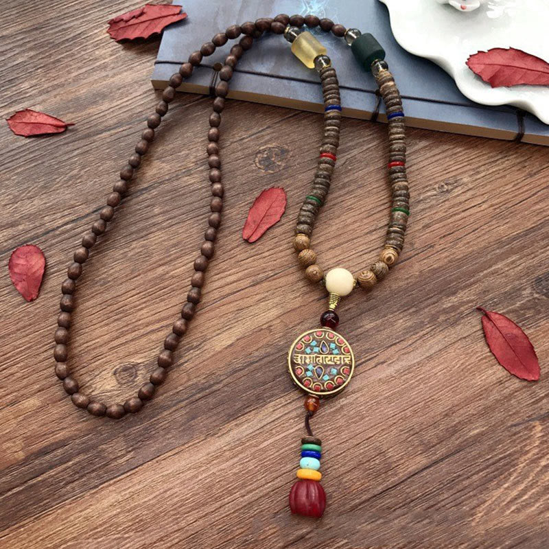 Nimara Ritual Tibetan Handmade Coconut Shell Schima Wood Great Bright Mantra Copper Bead Balance Necklace Pendant