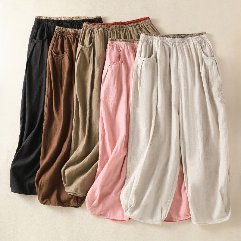 Nimara Ritual Casual Embroidery Women's Cotton Linen 7-8 Length Harem Pants With Pockets