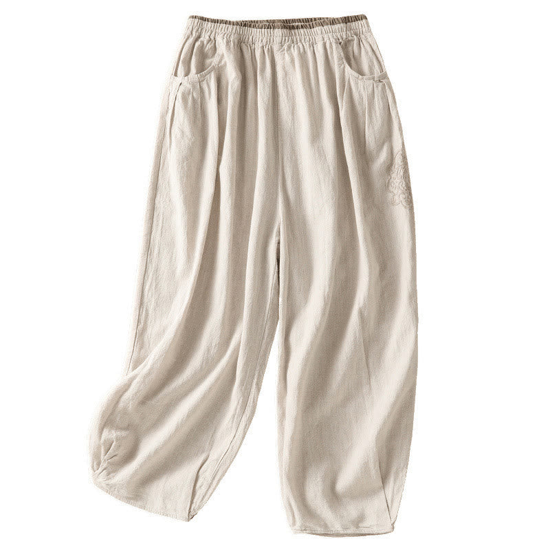 Nimara Ritual Casual Embroidery Women's Cotton Linen 7-8 Length Harem Pants With Pockets