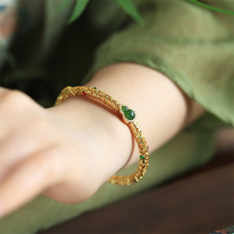 Nimara Ritual Cyan Jade Copper Plated Gold Auspicious Clouds Gourd Luck Bracelet Bangle