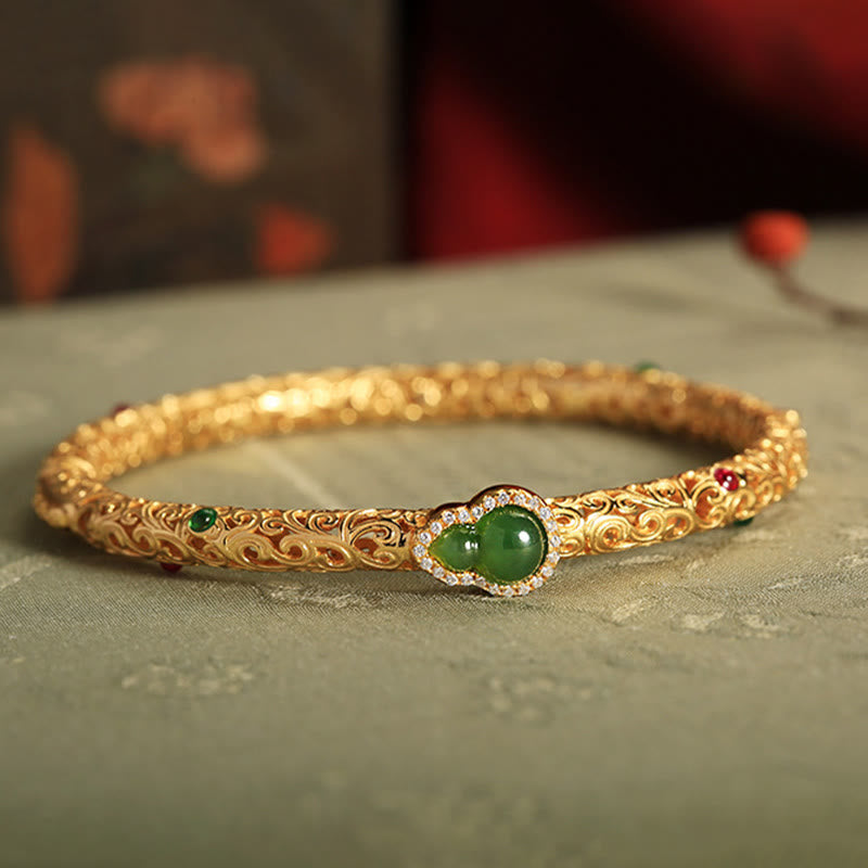 Nimara Ritual Cyan Jade Copper Plated Gold Auspicious Clouds Gourd Luck Bracelet Bangle