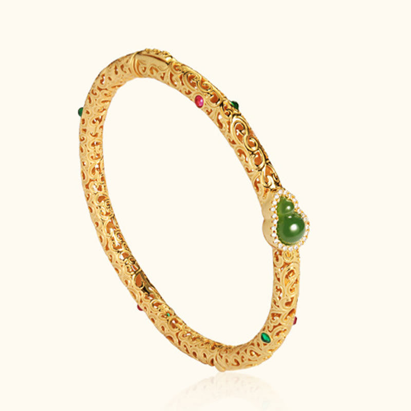 Nimara Ritual Cyan Jade Copper Plated Gold Auspicious Clouds Gourd Luck Bracelet Bangle
