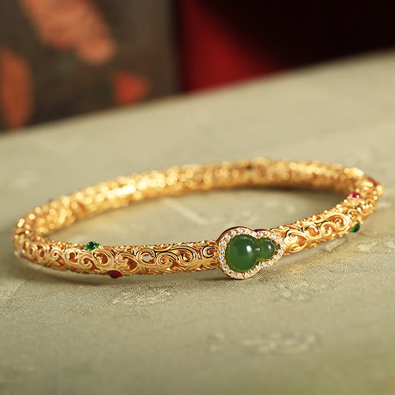 Nimara Ritual Cyan Jade Copper Plated Gold Auspicious Clouds Gourd Luck Bracelet Bangle