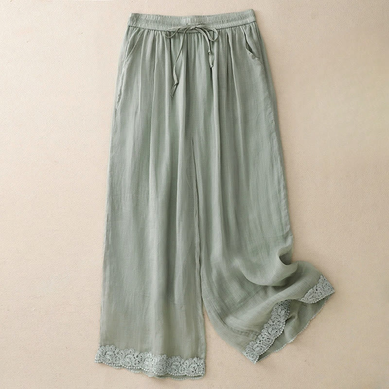 Nimara Ritual Causal Vintage Plain Drawstring Lace Patchwork Design Women's Wide Leg Cotton Elastic Waistband Pants With Pockets