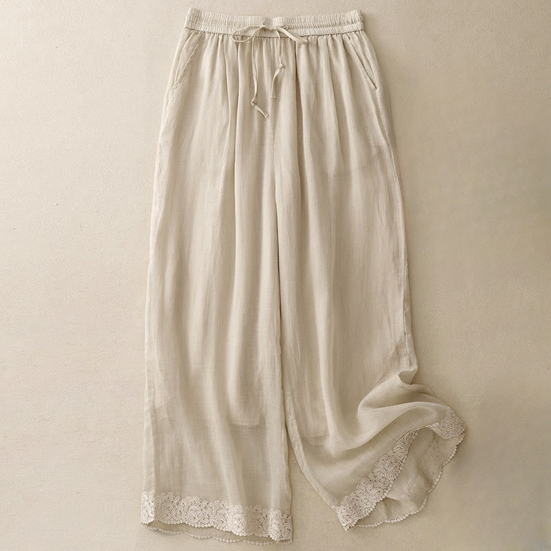 Nimara Ritual Causal Vintage Plain Drawstring Lace Patchwork Design Women's Wide Leg Cotton Elastic Waistband Pants With Pockets