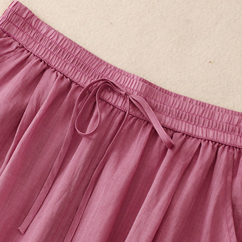 Nimara Ritual Causal Vintage Plain Drawstring Lace Patchwork Design Women's Wide Leg Cotton Elastic Waistband Pants With Pockets