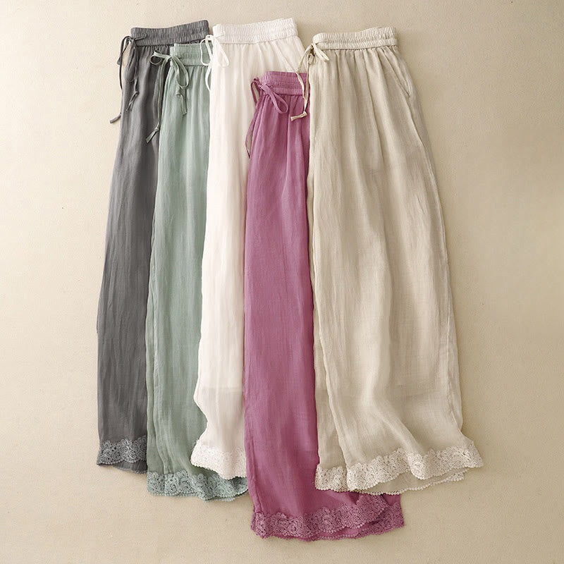 Nimara Ritual Causal Vintage Plain Drawstring Lace Patchwork Design Women's Wide Leg Cotton Elastic Waistband Pants With Pockets