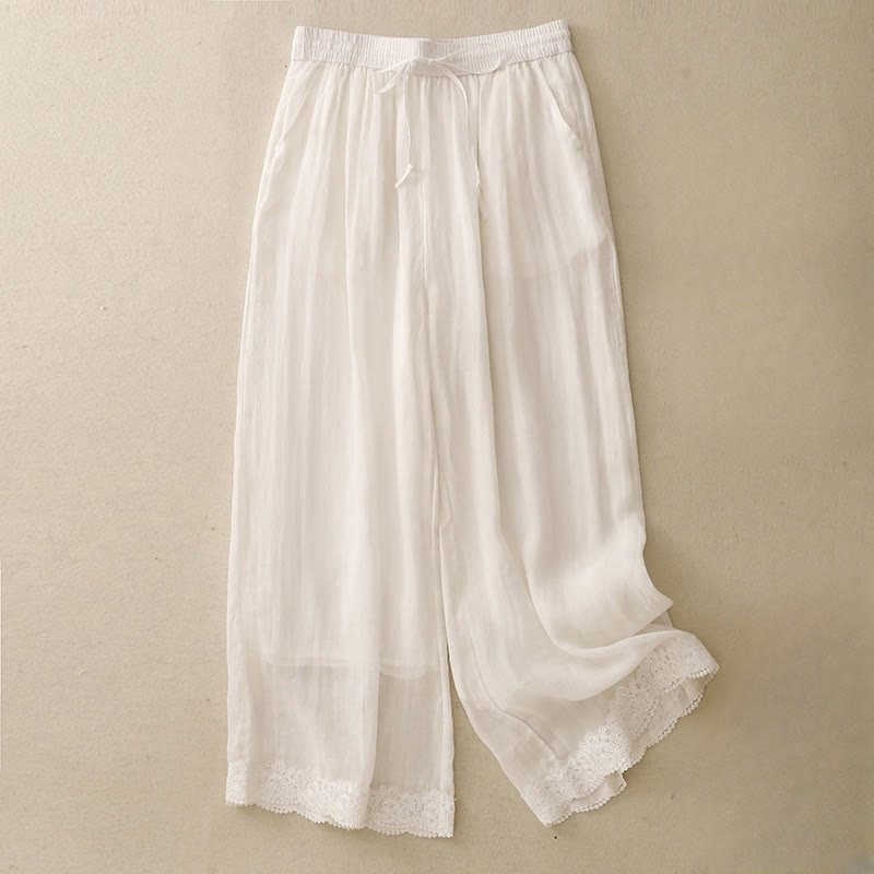 Nimara Ritual Causal Vintage Plain Drawstring Lace Patchwork Design Women's Wide Leg Cotton Elastic Waistband Pants With Pockets