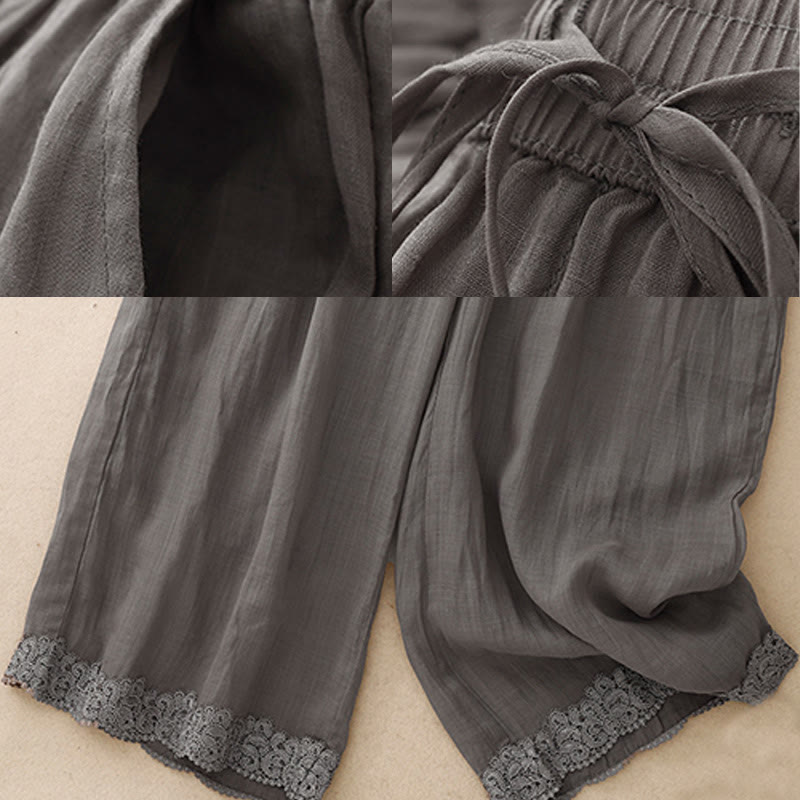 Nimara Ritual Causal Vintage Plain Drawstring Lace Patchwork Design Women's Wide Leg Cotton Elastic Waistband Pants With Pockets