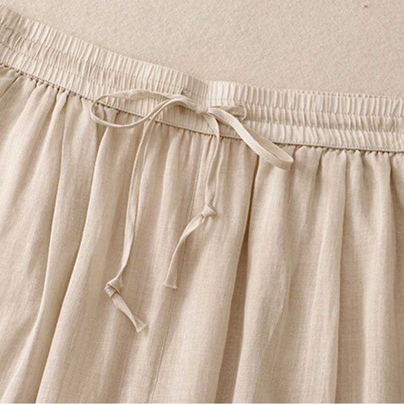 Nimara Ritual Causal Vintage Plain Drawstring Lace Patchwork Design Women's Wide Leg Cotton Elastic Waistband Pants With Pockets