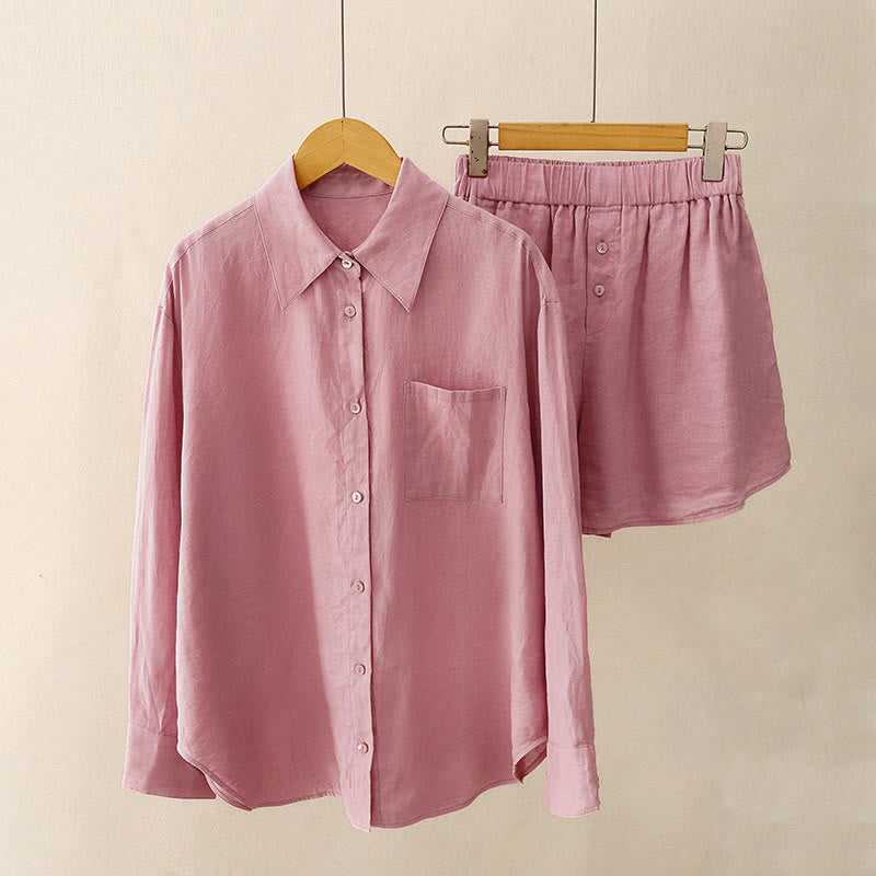Nimara Ritual Summer 2pcs Plain Long Sleeve Shirt Top Shorts Meditation Clothing Women's Set With Pockets