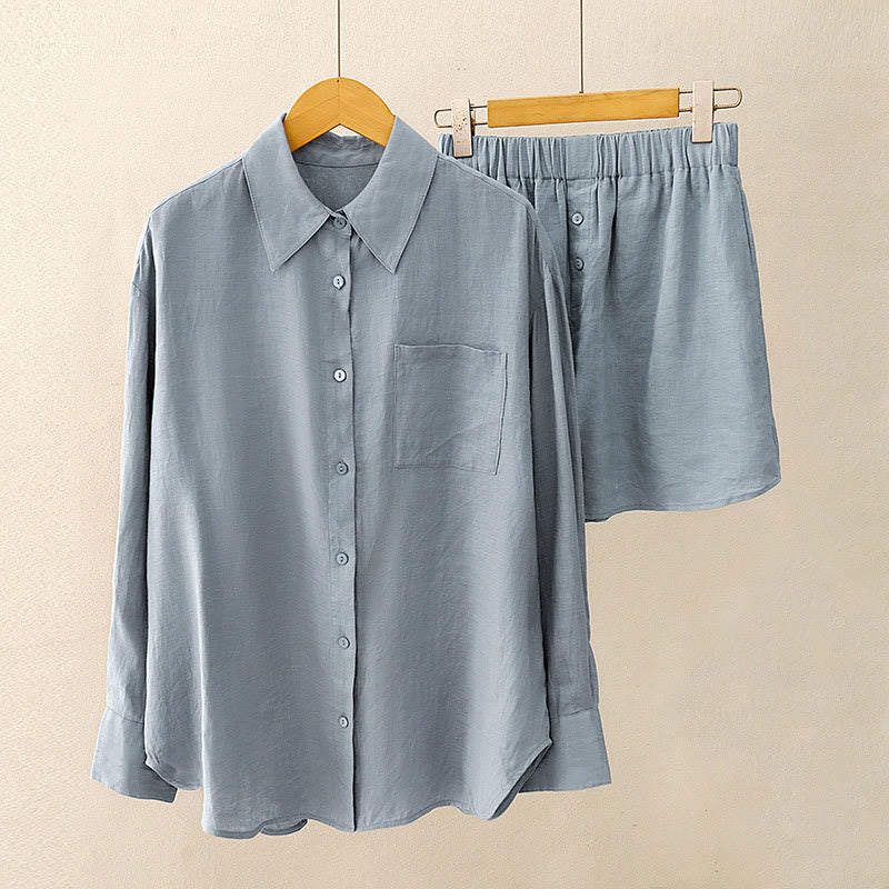 Nimara Ritual Summer 2pcs Plain Long Sleeve Shirt Top Shorts Meditation Clothing Women's Set With Pockets
