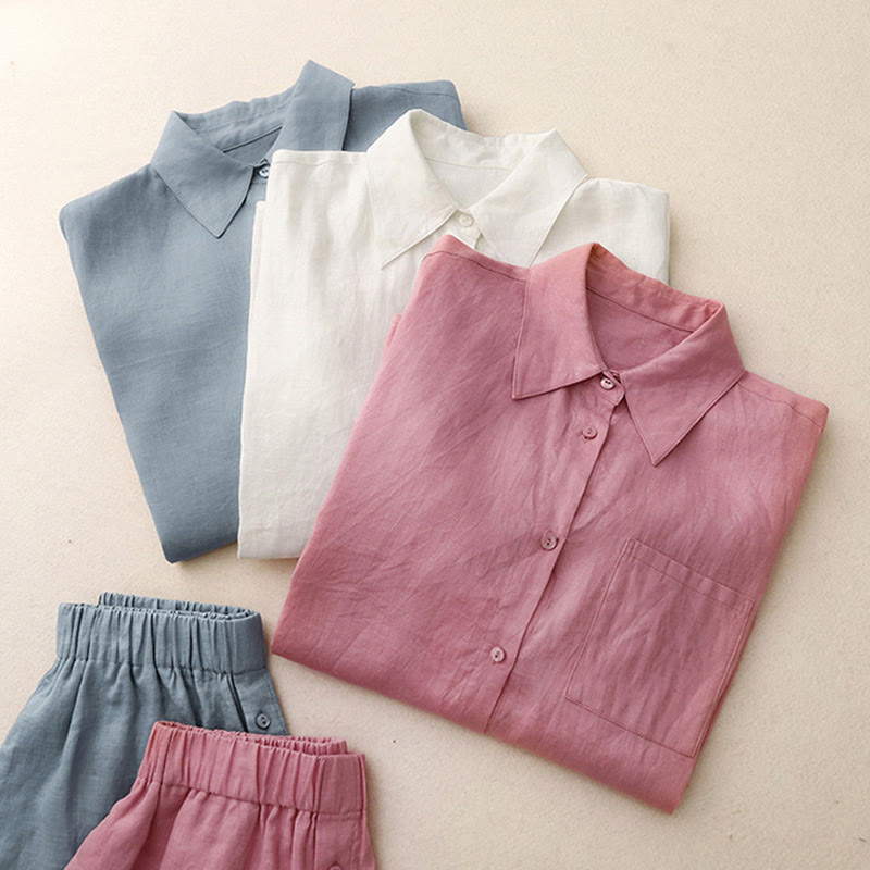 Nimara Ritual Summer 2pcs Plain Long Sleeve Shirt Top Shorts Meditation Clothing Women's Set With Pockets