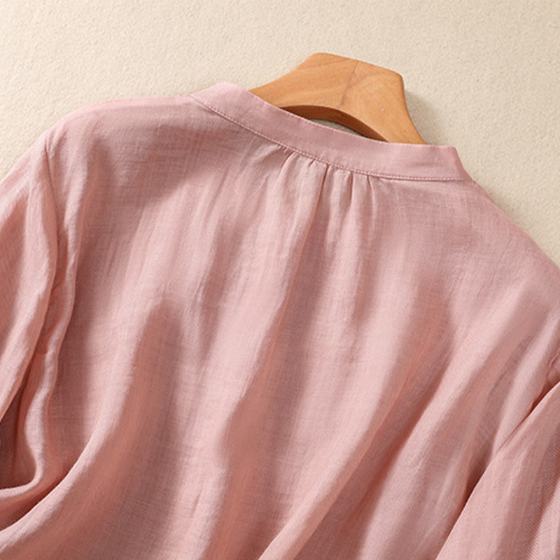 Nimara Ritual Casual Daily Plain Button Ruffled Design Stand Collar Women's Cotton Linen Three Quarter Sleeve Shirt