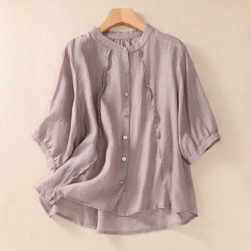 Nimara Ritual Casual Daily Plain Button Ruffled Design Stand Collar Women's Cotton Linen Three Quarter Sleeve Shirt