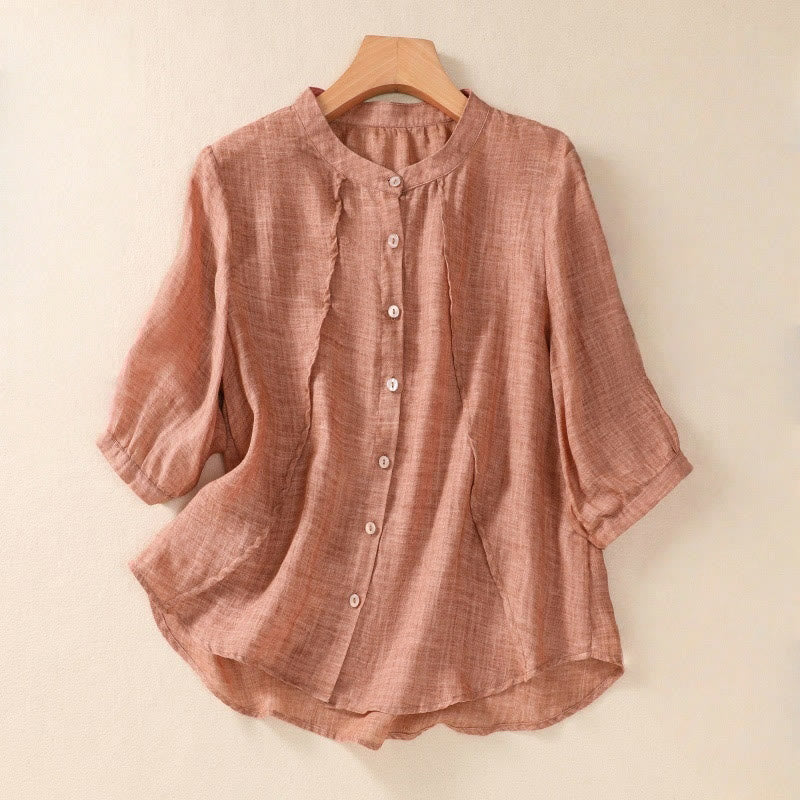 Nimara Ritual Casual Daily Plain Button Ruffled Design Stand Collar Women's Cotton Linen Three Quarter Sleeve Shirt