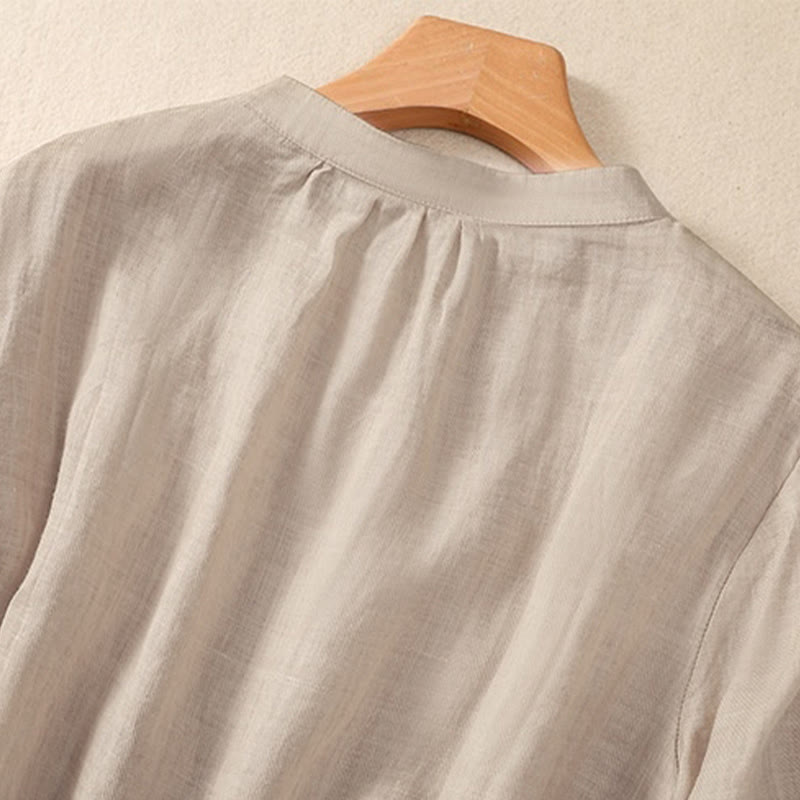 Nimara Ritual Casual Daily Plain Button Ruffled Design Stand Collar Women's Cotton Linen Three Quarter Sleeve Shirt