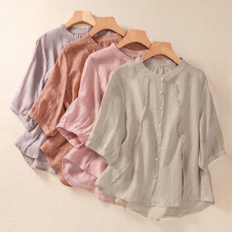 Nimara Ritual Casual Daily Plain Button Ruffled Design Stand Collar Women's Cotton Linen Three Quarter Sleeve Shirt