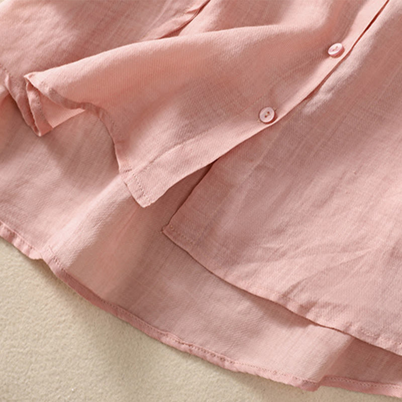 Nimara Ritual Casual Daily Plain Button Ruffled Design Stand Collar Women's Cotton Linen Three Quarter Sleeve Shirt