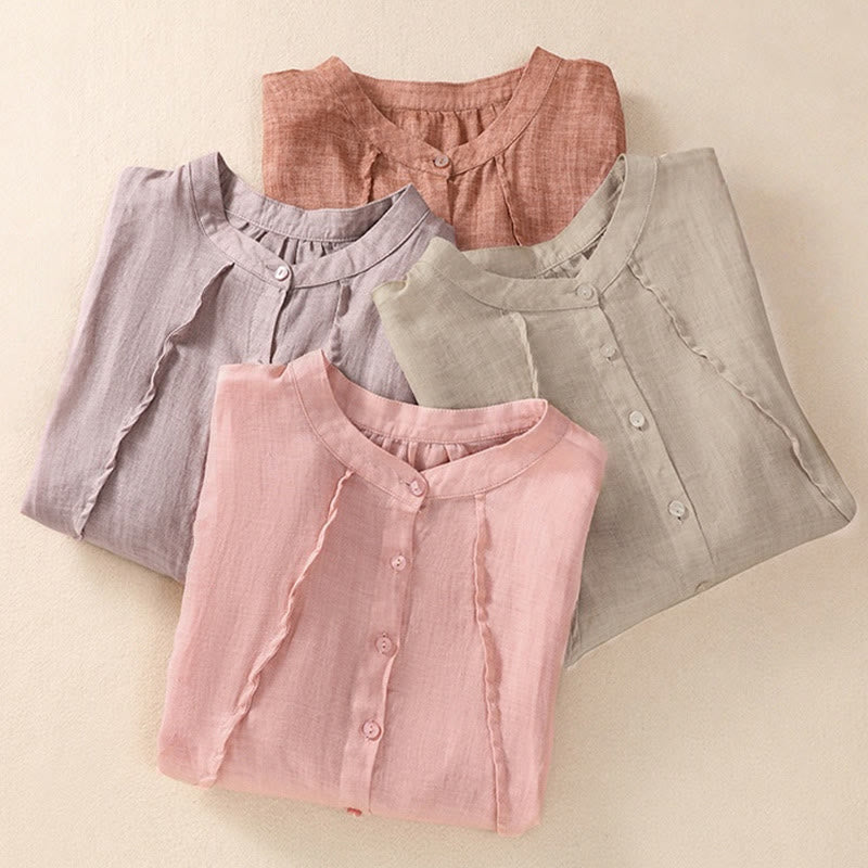 Nimara Ritual Casual Daily Plain Button Ruffled Design Stand Collar Women's Cotton Linen Three Quarter Sleeve Shirt