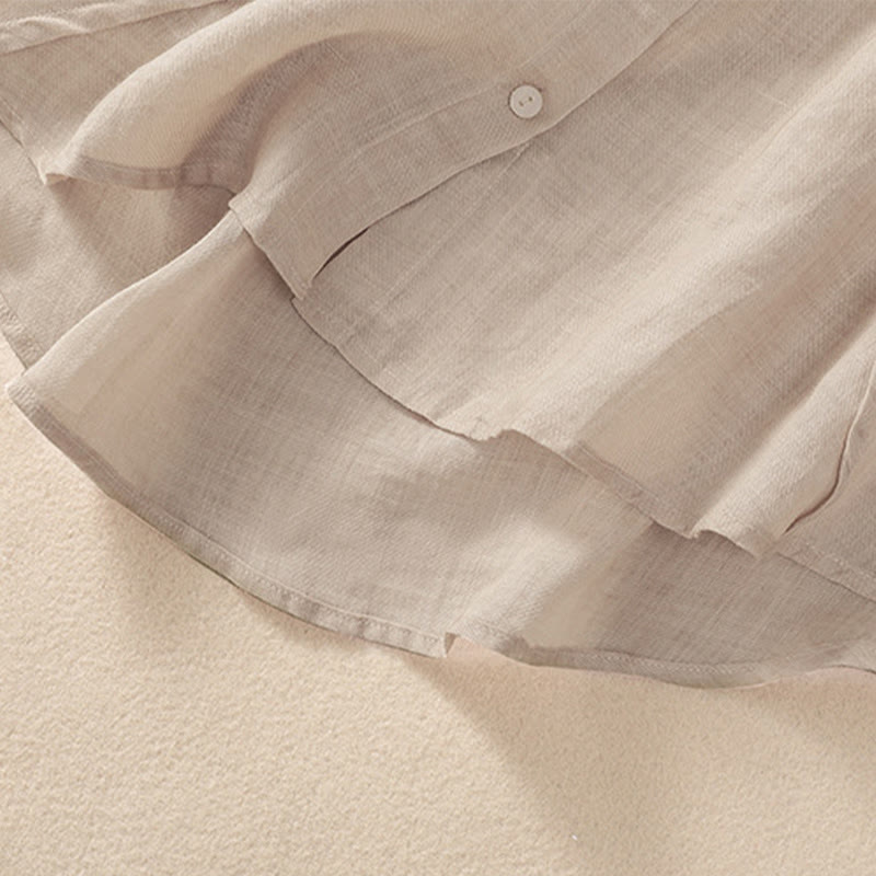 Nimara Ritual Casual Daily Plain Button Ruffled Design Stand Collar Women's Cotton Linen Three Quarter Sleeve Shirt