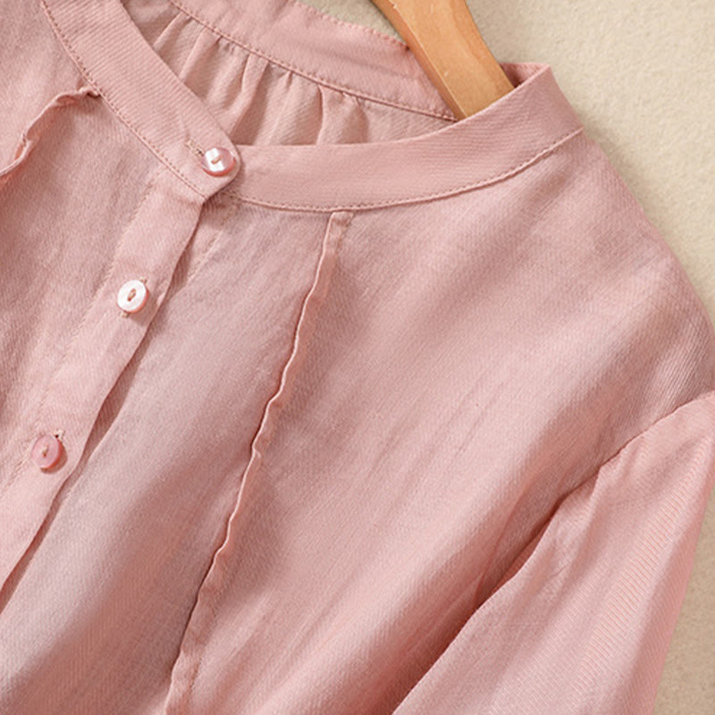 Nimara Ritual Casual Daily Plain Button Ruffled Design Stand Collar Women's Cotton Linen Three Quarter Sleeve Shirt
