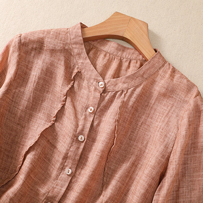 Nimara Ritual Casual Daily Plain Button Ruffled Design Stand Collar Women's Cotton Linen Three Quarter Sleeve Shirt