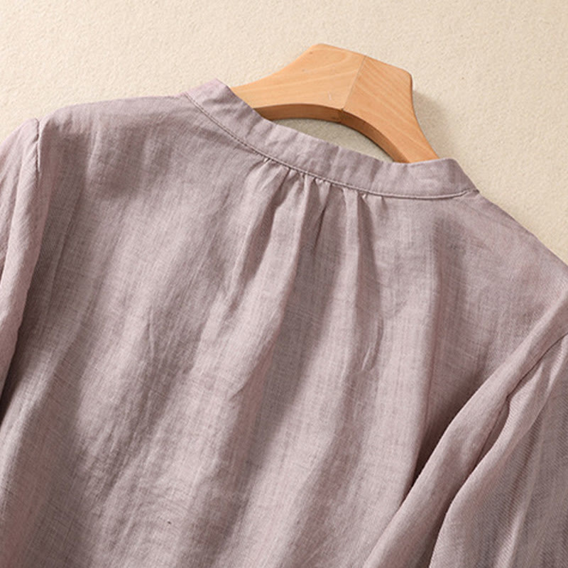 Nimara Ritual Casual Daily Plain Button Ruffled Design Stand Collar Women's Cotton Linen Three Quarter Sleeve Shirt
