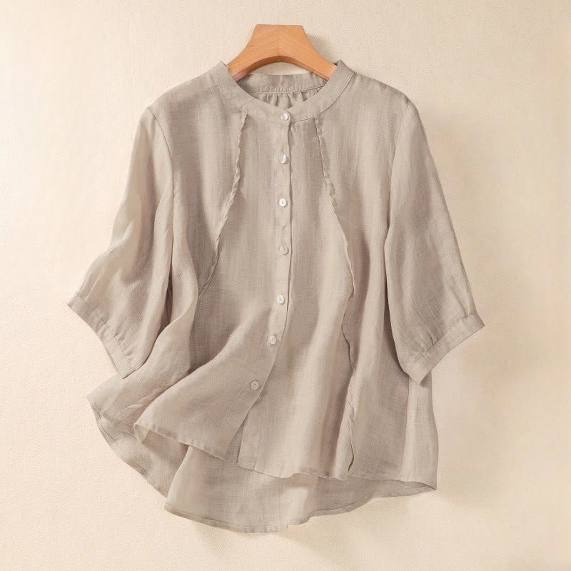 Nimara Ritual Casual Daily Plain Button Ruffled Design Stand Collar Women's Cotton Linen Three Quarter Sleeve Shirt