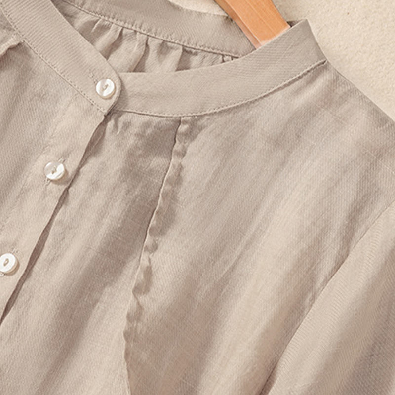 Nimara Ritual Casual Daily Plain Button Ruffled Design Stand Collar Women's Cotton Linen Three Quarter Sleeve Shirt