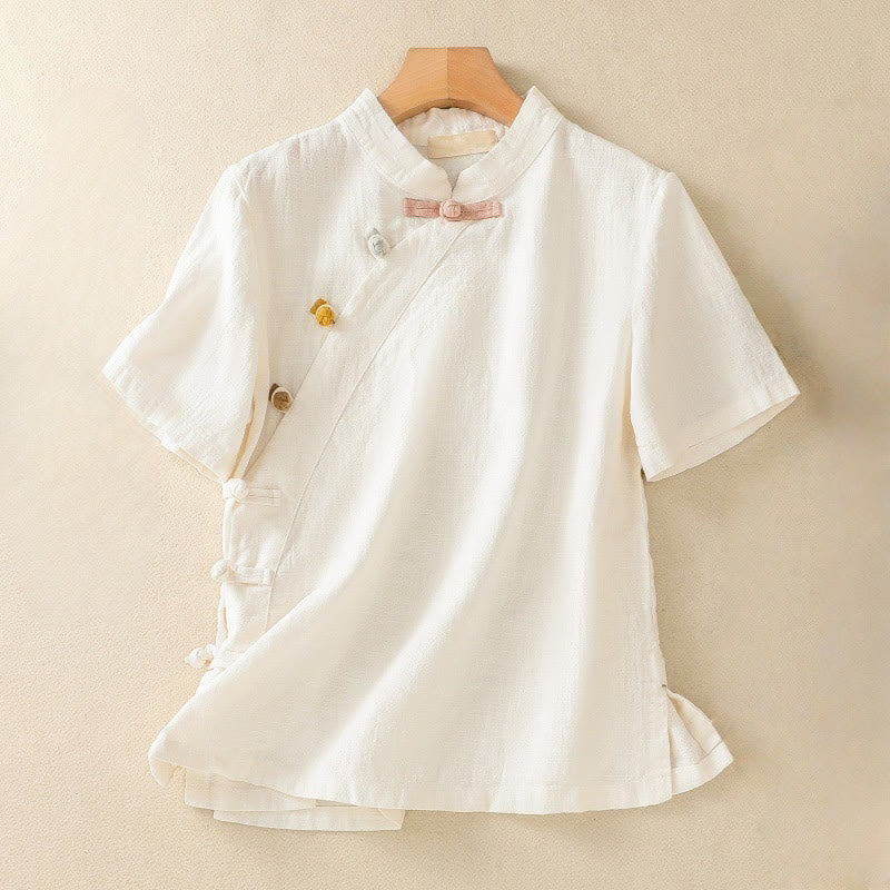 Nimara Ritual Casual Plain Slant Stand Collar Collar Colorful Frog-Button Tang Suit Women's Cotton Linen Three Quarter Sleeve Shirt
