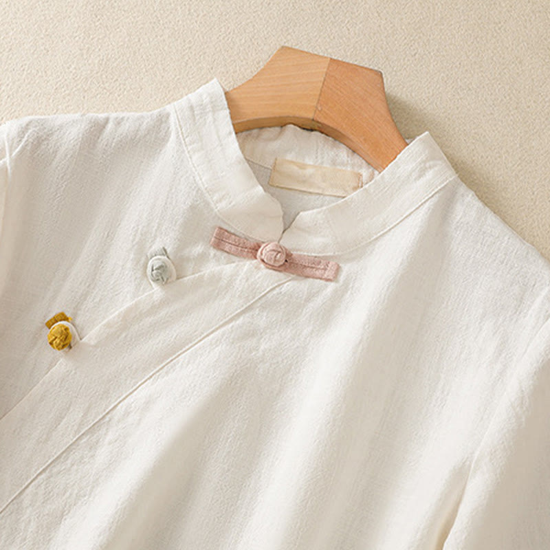 Nimara Ritual Casual Plain Slant Stand Collar Collar Colorful Frog-Button Tang Suit Women's Cotton Linen Three Quarter Sleeve Shirt