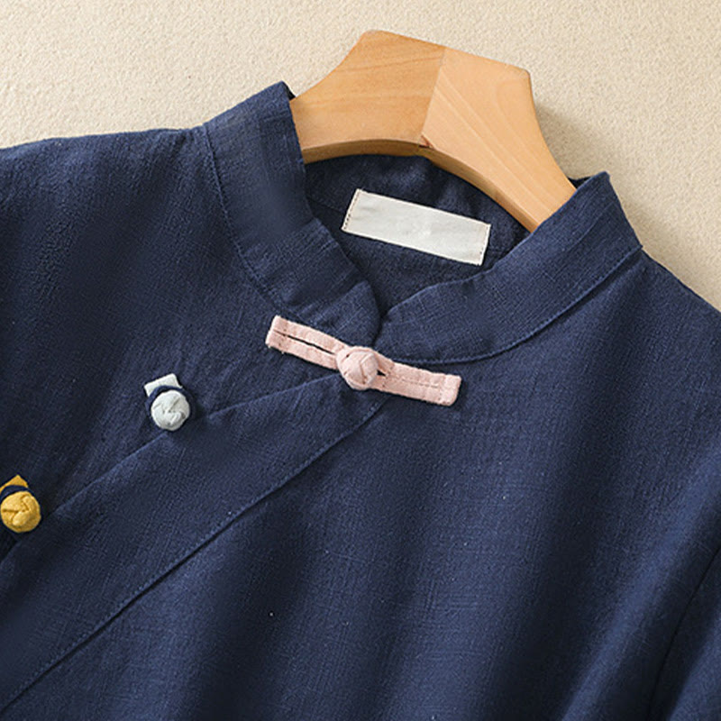 Nimara Ritual Casual Plain Slant Stand Collar Collar Colorful Frog-Button Tang Suit Women's Cotton Linen Three Quarter Sleeve Shirt