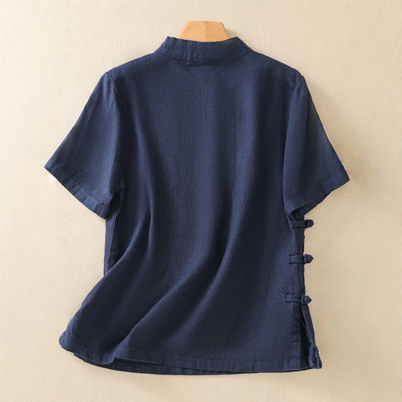 Nimara Ritual Casual Plain Slant Stand Collar Collar Colorful Frog-Button Tang Suit Women's Cotton Linen Three Quarter Sleeve Shirt
