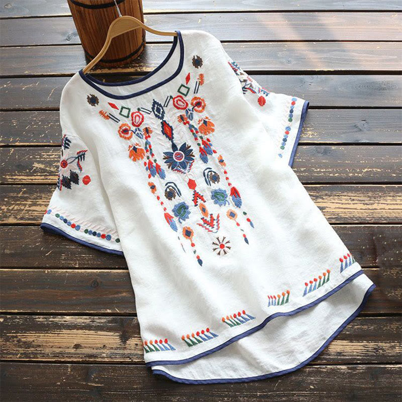 Nimara Ritual Retro Artistic Embroidery Floral Pattern Crew Neck Women's Cotton Linen Short Sleeve T-Shirt