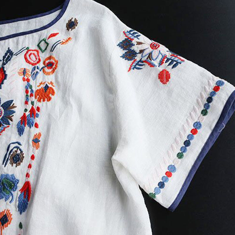 Nimara Ritual Retro Artistic Embroidery Floral Pattern Crew Neck Women's Cotton Linen Short Sleeve T-Shirt