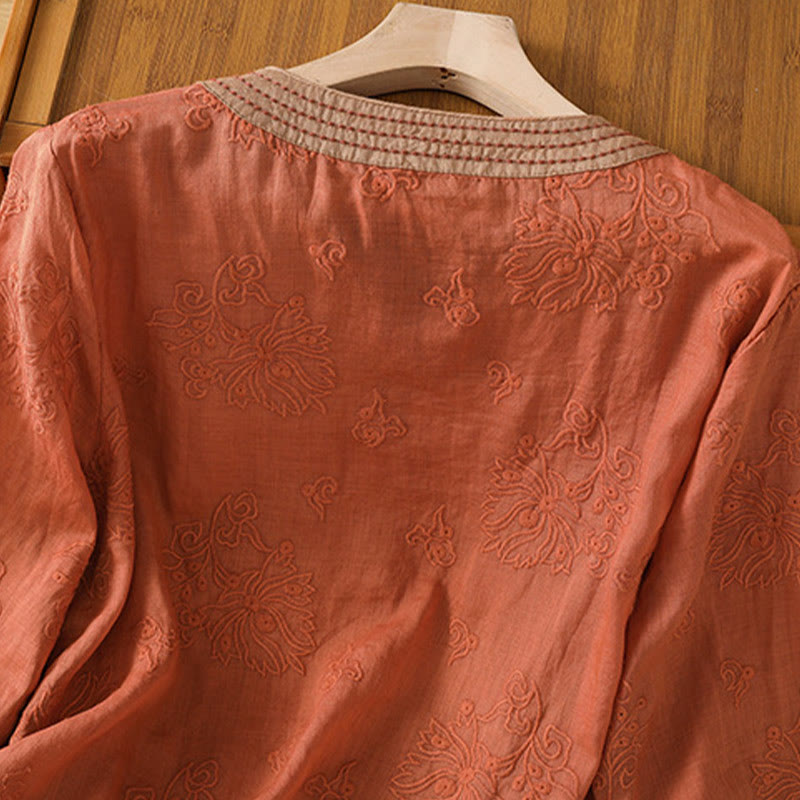 Nimara Ritual Summer Vintage Embroidery Plant Floral Lace-Up Design V-Neck Women's Cotton Linen Shirt