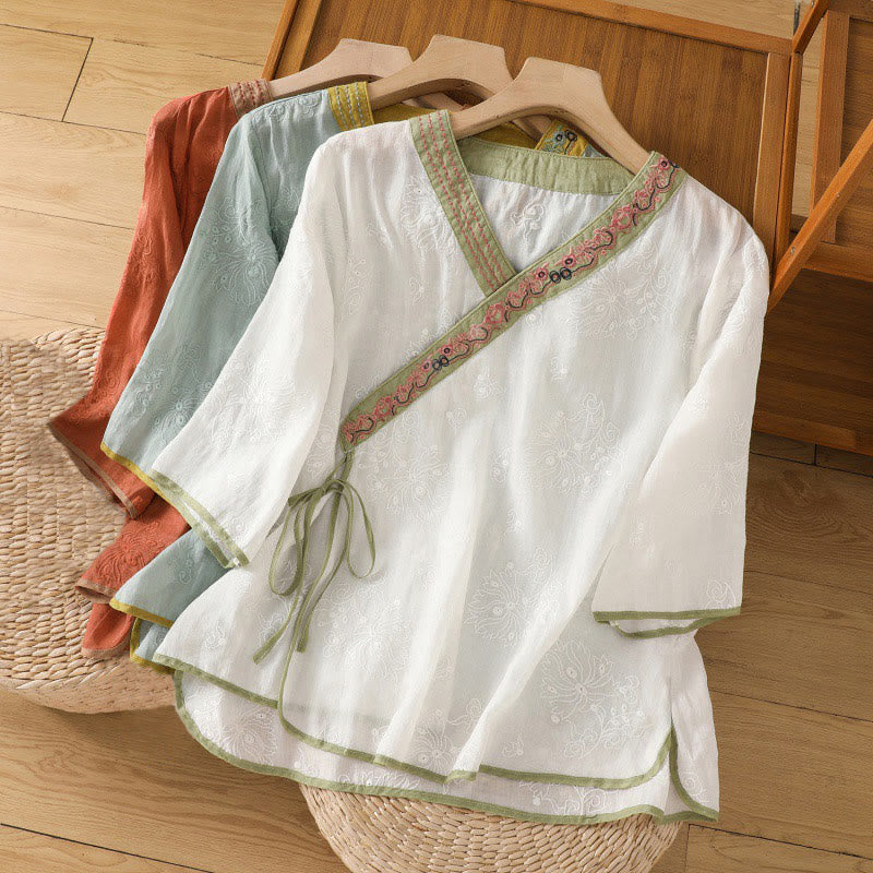 Nimara Ritual Summer Vintage Embroidery Plant Floral Lace-Up Design V-Neck Women's Cotton Linen Shirt