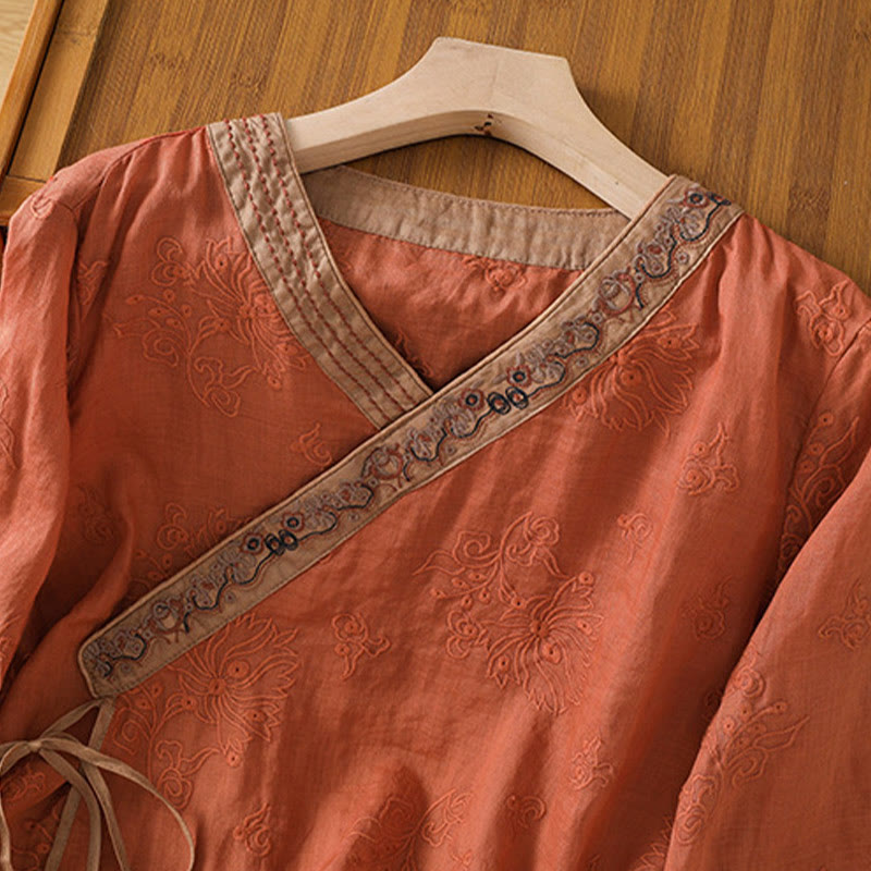 Nimara Ritual Summer Vintage Embroidery Plant Floral Lace-Up Design V-Neck Women's Cotton Linen Shirt