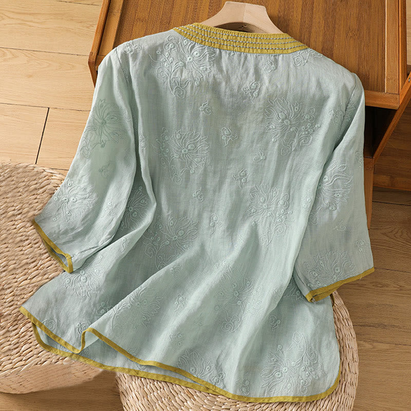 Nimara Ritual Summer Vintage Embroidery Plant Floral Lace-Up Design V-Neck Women's Cotton Linen Shirt