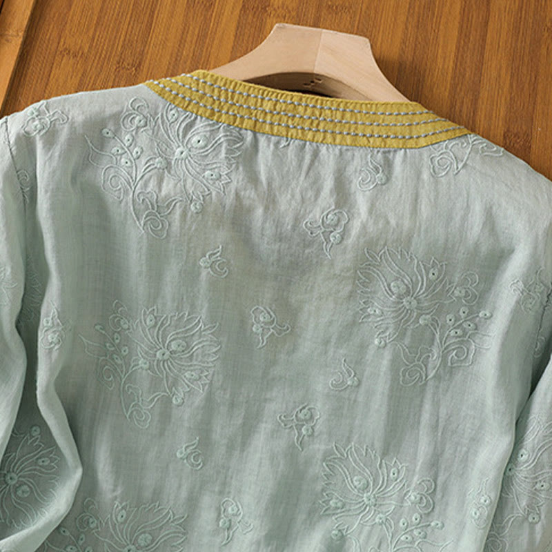 Nimara Ritual Summer Vintage Embroidery Plant Floral Lace-Up Design V-Neck Women's Cotton Linen Shirt