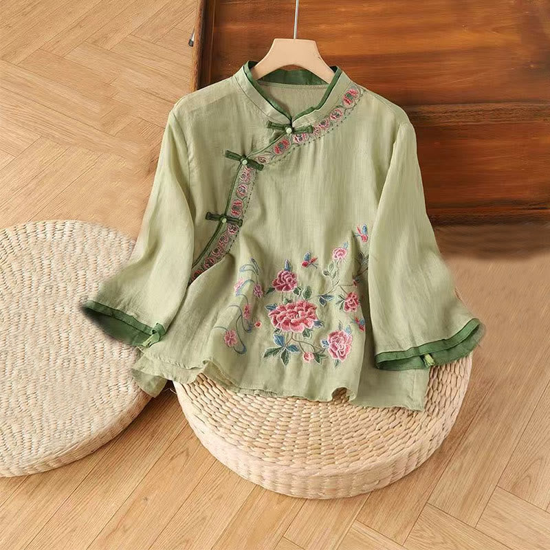 Nimara Ritual Vintage Zen Embroidery Plant Floral Pattern Chinese Frog-Button Design Three Quarter Sleeve Women's Cotton Linen Shirt