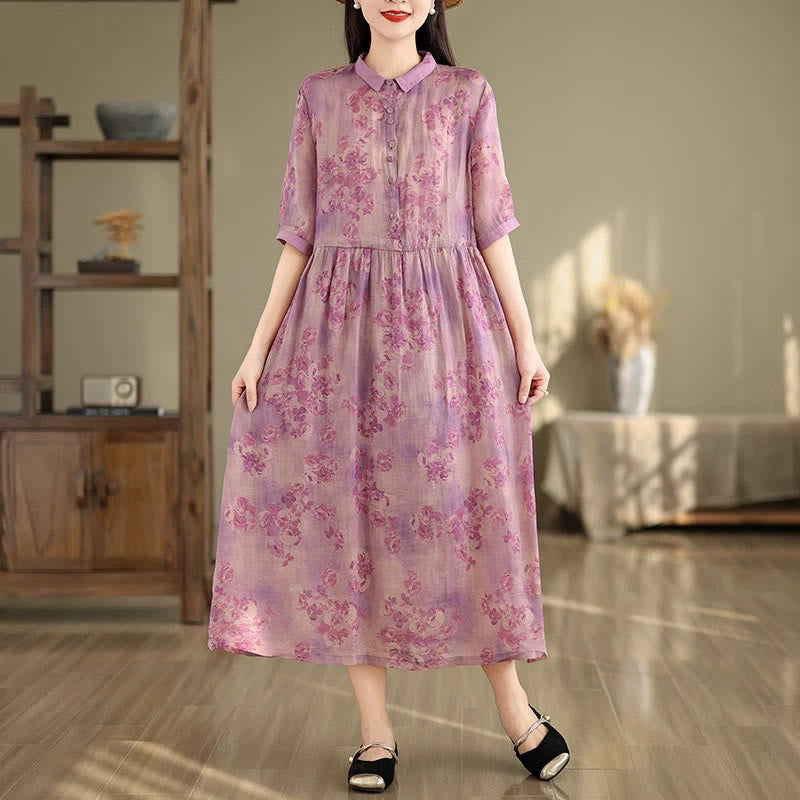 Nimara Ritual Retro Printing Floral Pattern Drawstring Design Half Sleeve Cotton Midi Dress With Pockets
