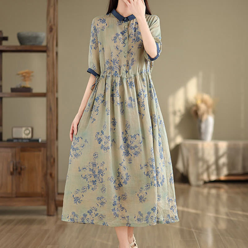 Nimara Ritual Retro Printing Floral Pattern Drawstring Design Half Sleeve Cotton Midi Dress With Pockets