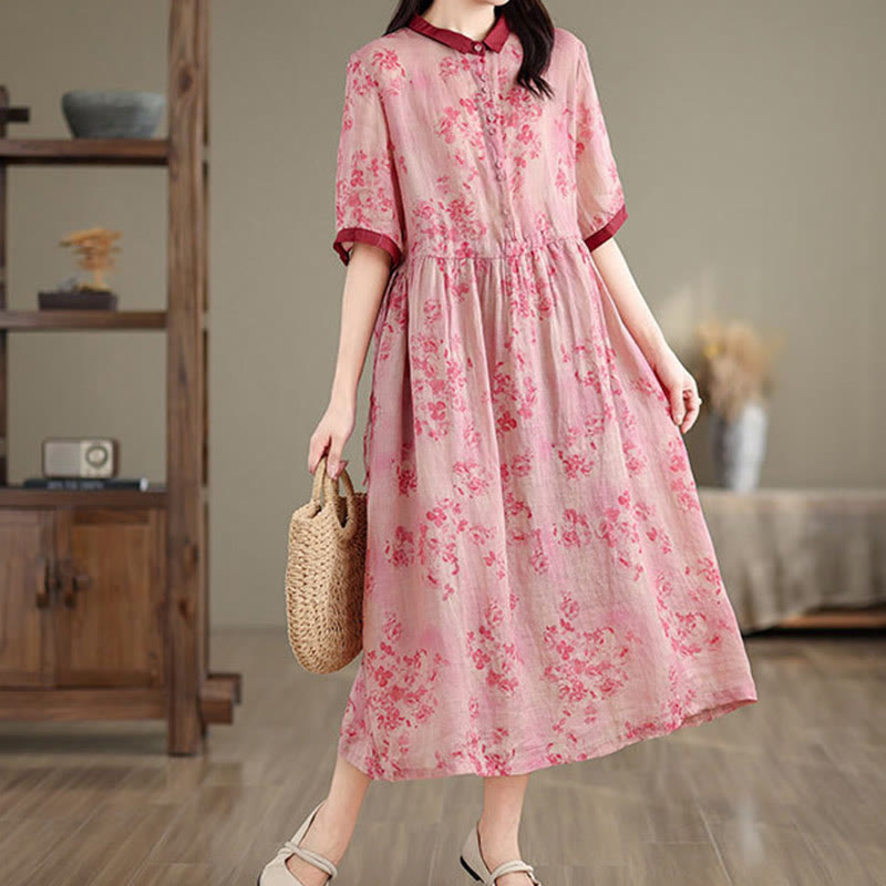 Nimara Ritual Retro Printing Floral Pattern Drawstring Design Half Sleeve Cotton Midi Dress With Pockets
