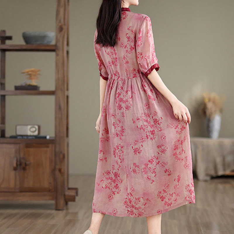 Nimara Ritual Retro Printing Floral Pattern Drawstring Design Half Sleeve Cotton Midi Dress With Pockets