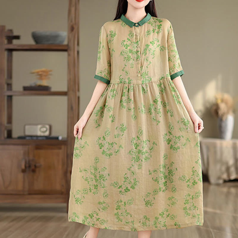 Nimara Ritual Retro Printing Floral Pattern Drawstring Design Half Sleeve Cotton Midi Dress With Pockets