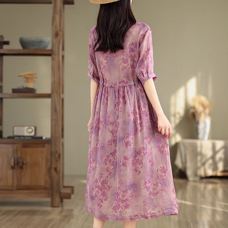 Nimara Ritual Retro Printing Floral Pattern Drawstring Design Half Sleeve Cotton Midi Dress With Pockets