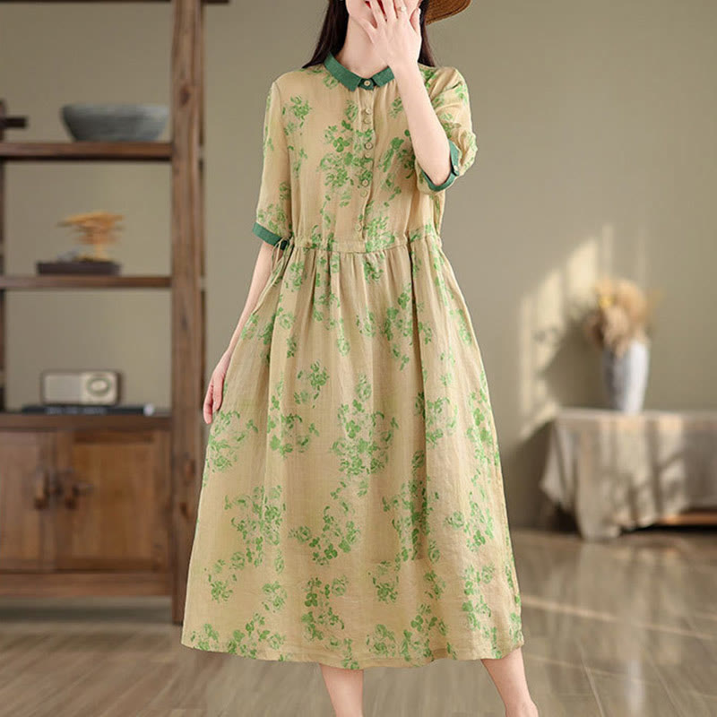 Nimara Ritual Retro Printing Floral Pattern Drawstring Design Half Sleeve Cotton Midi Dress With Pockets